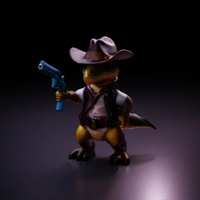 Dinosaur cowboy with revolver, vest, and hat.