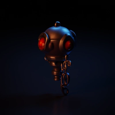 Small robot with orange glowing eye.