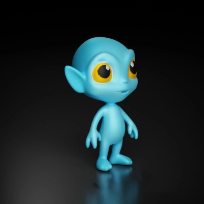 Alien creature with big eyes, friendly appearance.