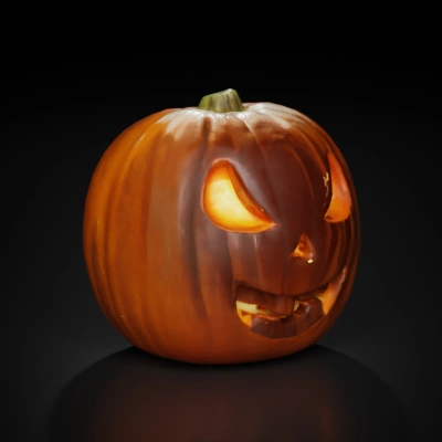 Carved jack-o'-lantern with menacing expression.