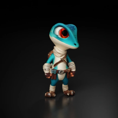 Bipedal lizard with adventurer outfit, belt gadgets.