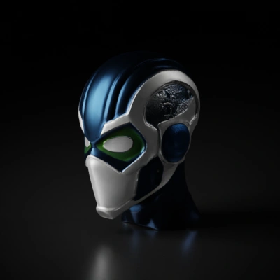 Futuristic superhero mask with glowing eyes, sleek design.