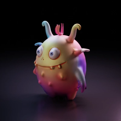 Alien creature, cartoonish, smiling, antennas, spikes.