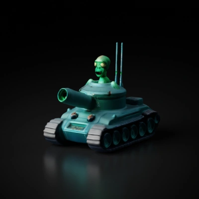 Zombie driving a cartoonish tank.