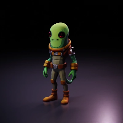 Cartoon alien character in space suit.