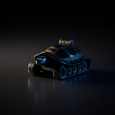 Turtle-shaped tank, armored vehicle, futuristic design. six round wheels on each side and one star wheel at the back, like tanks