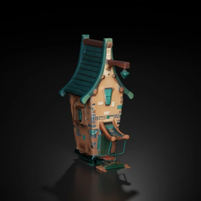 Fantasy-style tall crooked house, whimsical architecture.