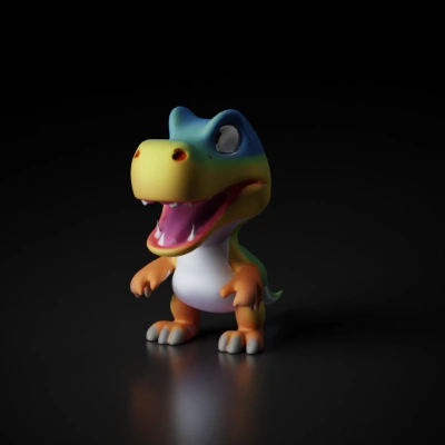 Cartoon dinosaur with big eyes and sharp teeth, small limbs.