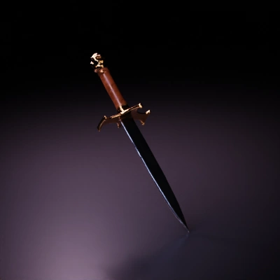 Ornate sword with leather-wrapped handle, medieval design.