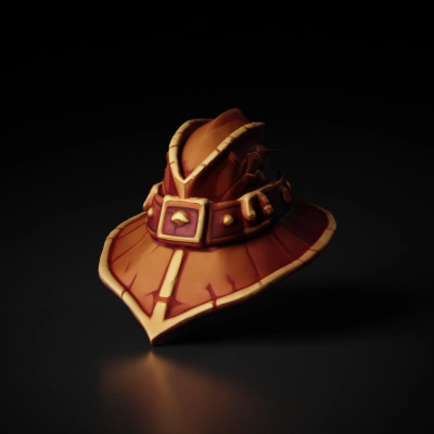 Sturdy adventurer's hat with belt and intricate patterns, medieval style.