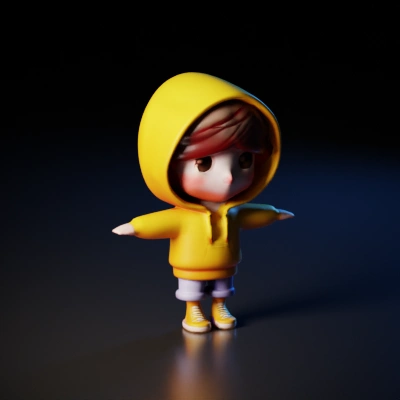 Chibi-style child character in hoodie, 3D model.