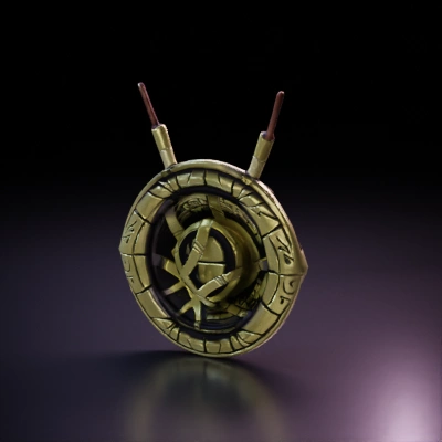 Intricately designed circular pendant with symbols.
