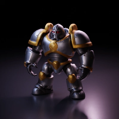Giant armored robot, medieval and futuristic blend, standing firm.