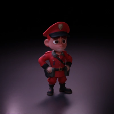 Cartoon soldier in red uniform, serious expression.