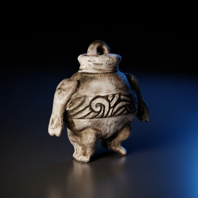 Ancient pot with ornate carvings and short legs.