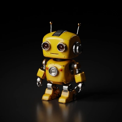 Small humanoid robot, jointed limbs, large round eyes.