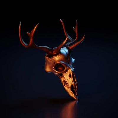 Deer skull with antlers, realistic rendering, macabre.