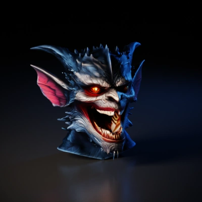 Ferocious dragon head with horns and fangs.