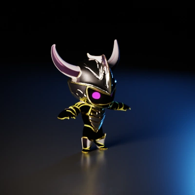 Armored chibi character with horns and glowing eyes.