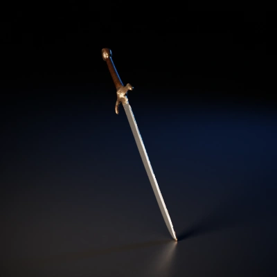 Medieval longsword, ornate hilt, solid blade that curves slightly. Gold hilt with dark silver blade.