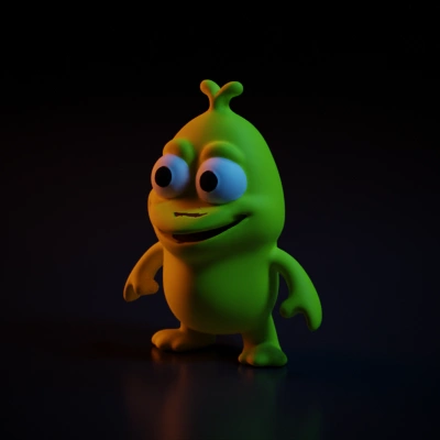Cartoon alien character with big eyes and a smile. plain neon yellow skin. no blemishes. no markings.