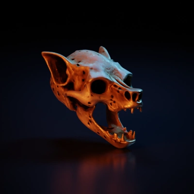 Animal skull with fangs, hollow eyes.