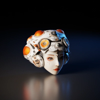 Futuristic human-like face with mechanical headset.