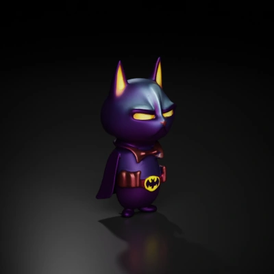Cat superhero, stern expression, batman costume.