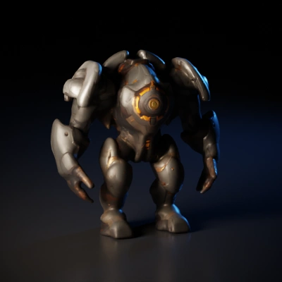 Battle mech with heavy armor and mechanical arms.