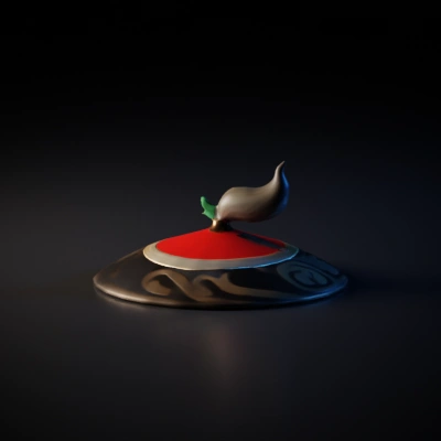 Capsule-like spaceship with decorative top and protruding element.