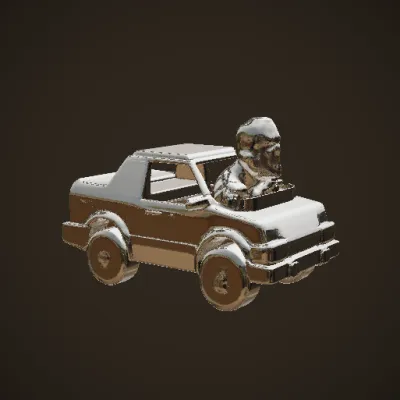 Toy figure with vehicle, transformable design. symmetric geometry, sharp edges, character