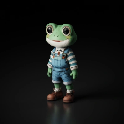 Frog character in overalls, smiling.