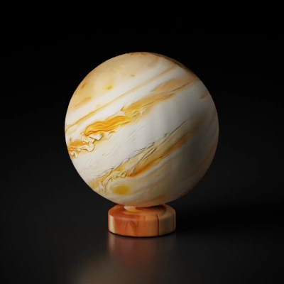 Planetary model on a wooden stand.
