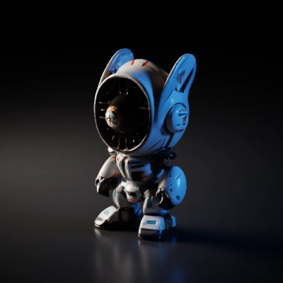 Small humanoid robot with a large jet engine for a head.