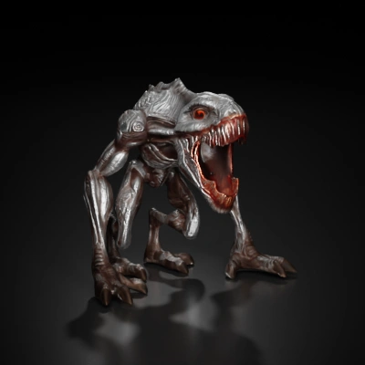 Alien monster with mechanical body, sharp teeth, fierce stance.