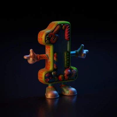 Anthropomorphic number '1' with candy decor, animated style.