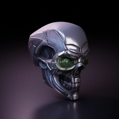 Futuristic robotic skull, mechanical details.
