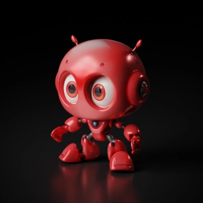 Cute round robot with big eyes, small limbs.