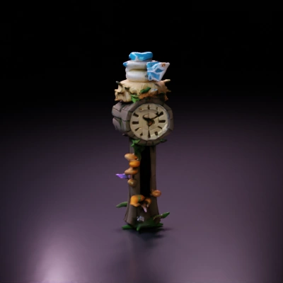 Bird atop a rustic wooden clock with nature motifs.