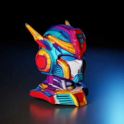 Robot head, futuristic design, armored, detailed features.
