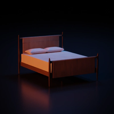 Wooden bed with woven headboard and footboard.