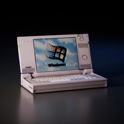 Retro compact laptop computer, built-in screen and keyboard.