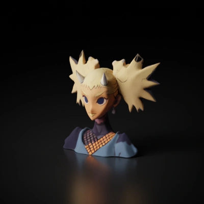Anime character, unique hairstyle, demon horns on head.