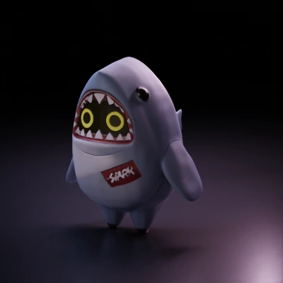 Plush shark toy with comical design.