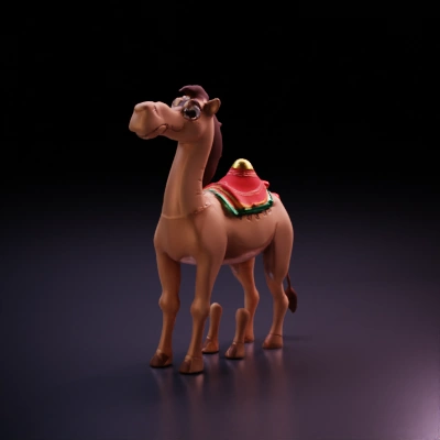 Cartoon camel wearing decorative saddle.