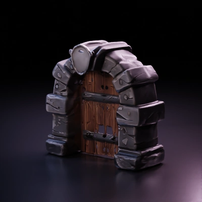 Medieval wooden door with ornate stone frame.