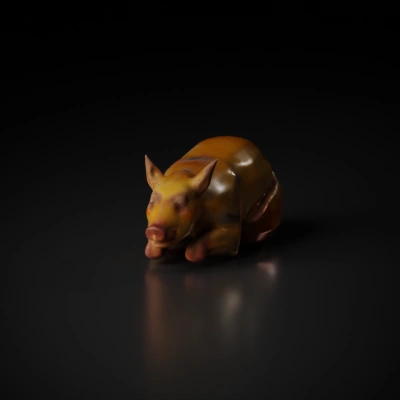 Roasted animal laying on its side, mouth open.
