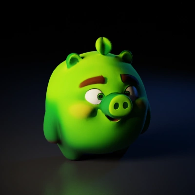 Round cartoon pig character, smiling, anthropomorphic.
