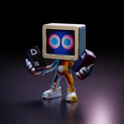 Retro computer character holding speakers.