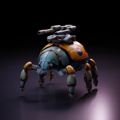 Robotic ladybug with mounted weaponry, insect-like design.